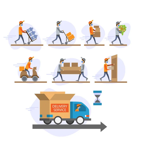 Online delivery service concept . Warehouse, truck, drone,online order tracking, scooter and bicycle courier, delivery man in respiratory mask. — Stock Vector
