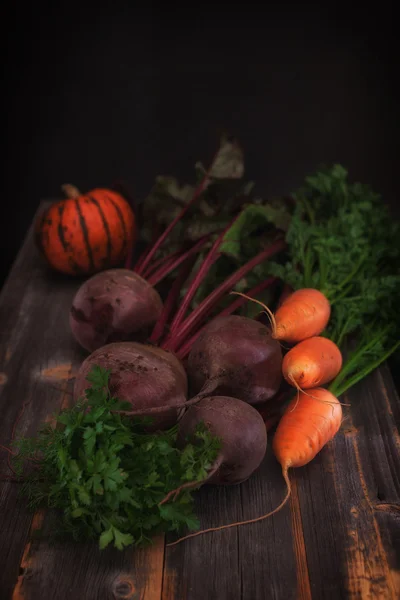 Las verduras y la calabaza una tecla baja en estilo rústico — Foto de Stock