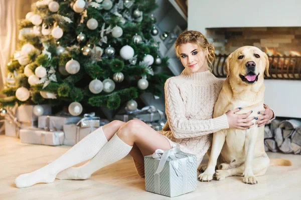 Gorgeous Young Woman Golden Retriever Dog — Stock Photo, Image