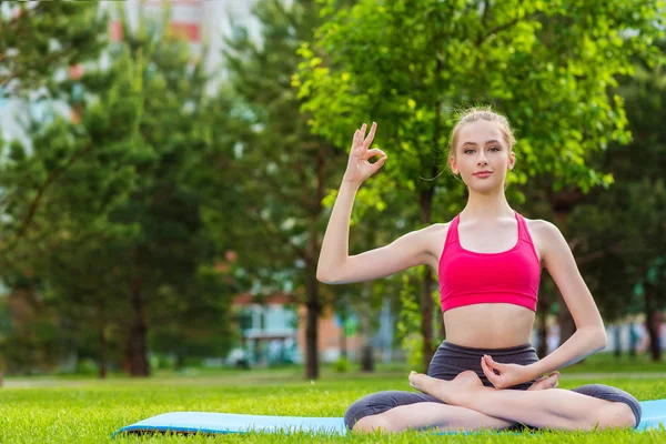 Young Woman Doing Yoga Exercise Park — Stock Photo, Image