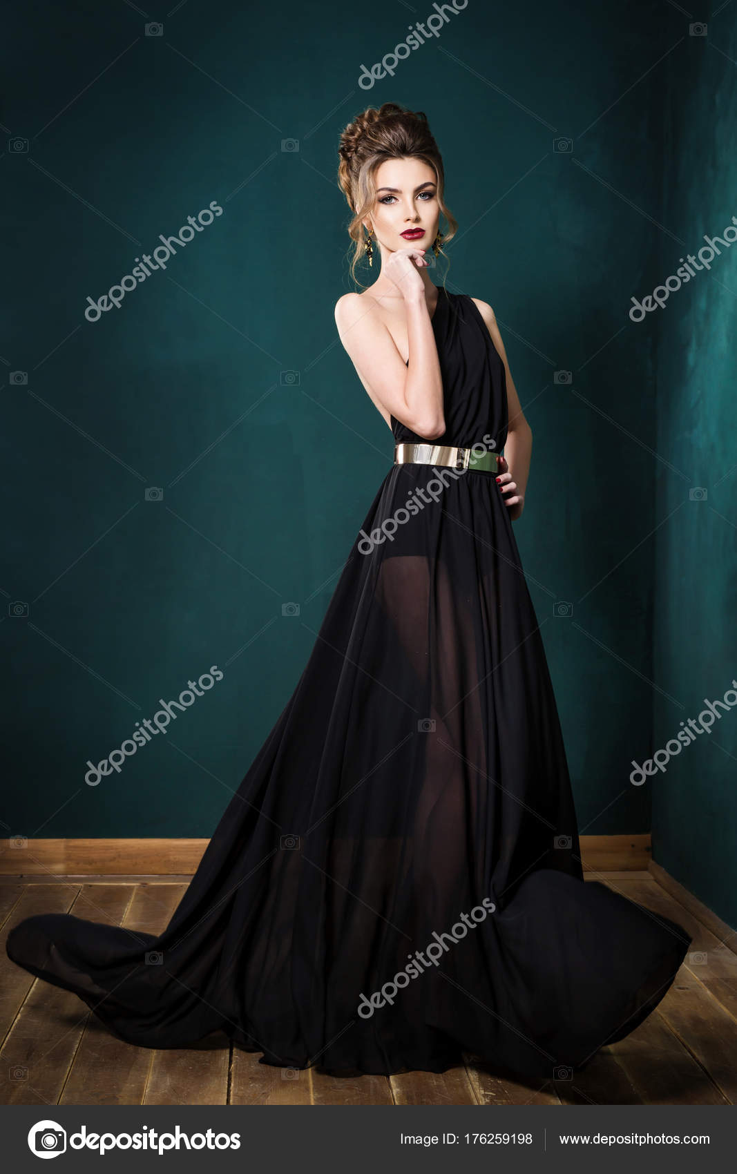 Beautiful Woman Hairstyle Elegant Black Dress Green Wall Background Stock Photo by ©Chirtsova 176259198 Beautiful Woman Hairstyle Elegant Black Dress Green Wall Background Stock Photo by ©Chirtsova 176259198
