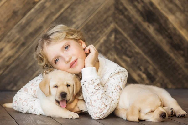 sevimli küçük kız eğleniyor ahşap zemin üzerinde iki sevimli yavru ile yalan