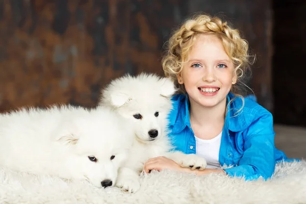 つの白いふわふわの子犬と床に横たわってポーズ金髪少女 — ストック写真