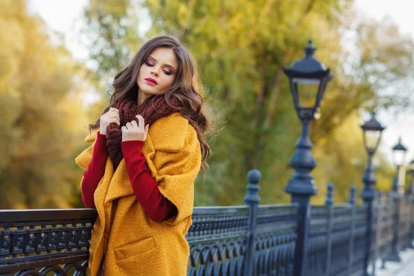 Young Brunette Woman Wearing Coat Knitted Scarf Posing Outdoors Half — Stock Photo, Image