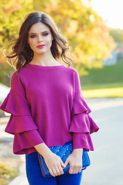 Portrait Young Brunette Girl Wearing Purple Blouse Posing Outdoors Holding — Stock Photo, Image
