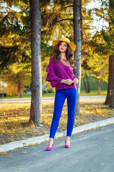Joven Morena Chica Usando Púrpura Blusa Amarillo Sombrero Posando Aire —  Fotos de Stock