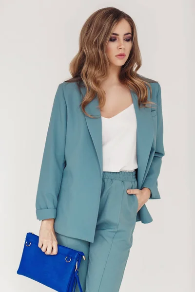 Fashion Portrait Young Beautiful Woman Wearing Blue Suit Holding Purse — Stock Photo, Image