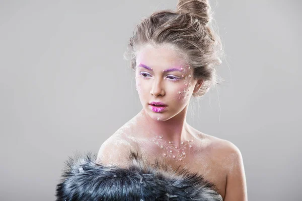Moda Piękny Portret Młodej Kobiety Piękne Zimowe Wróżki Fantasy — Zdjęcie stockowe