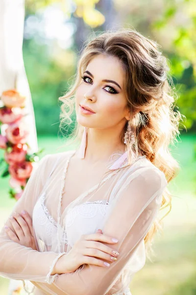 Fashion Portrait Young Beautiful Woman Wearing Romantic Dress Outdoor — Stock Photo, Image