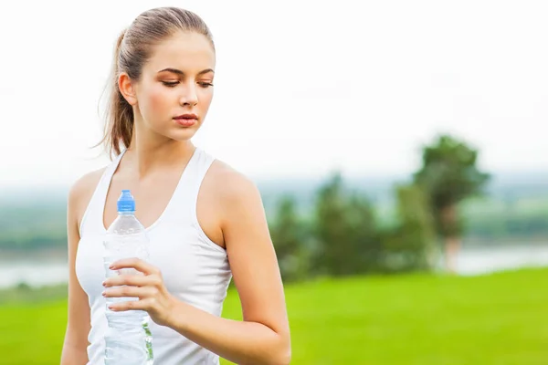 Portrait Young Sporty Woman Holding Bottle Water Workout Outdoor — Stock Photo, Image