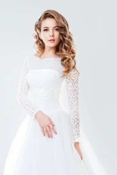 Moda Piękny Portret Pięknej Młodej Kobiety Biały Ślub Sukienka — Zdjęcie stockowe