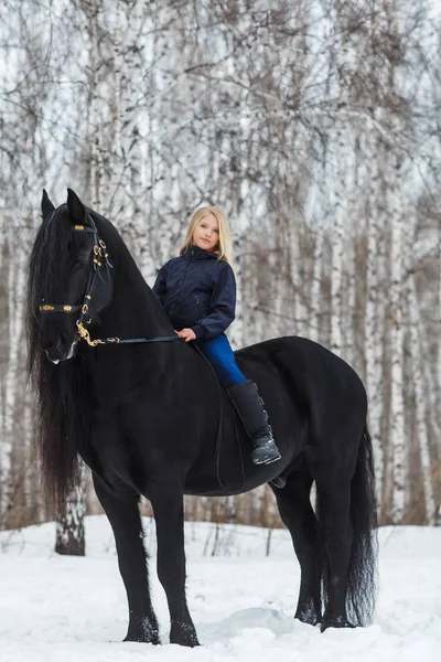 Niña está montando un caballo frisón, al aire libre —  Fotos de Stock