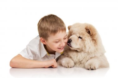 Uyumak puppie olan küçük çocuk