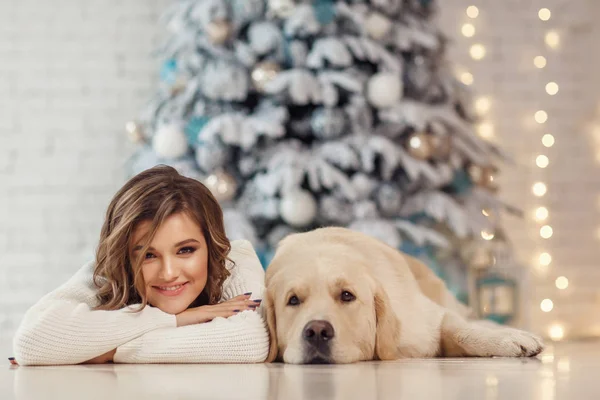 Happy Smiling Woman Lying Floor Cute Dog Christmas Tree — Stock Photo, Image