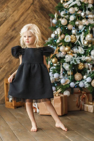 Little Cute Blonde Girl Christmas Tree — Stock Photo, Image