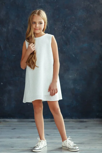 Cute Girl Long Hair White Dress — Stock Photo, Image