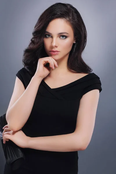 Young Beautiful Woman Fashion Makeup Black Dress — Stock Photo, Image