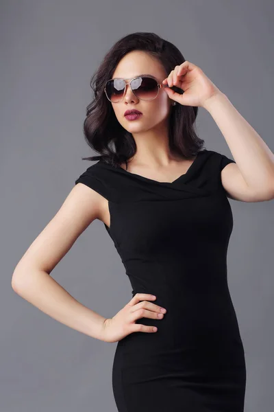 Young Beautiful Woman Black Dress Sunglasses — Stock Photo, Image