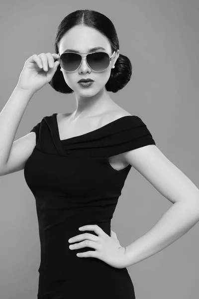 Young Beautiful Woman Black Dress Black White Photo — Stock Photo, Image