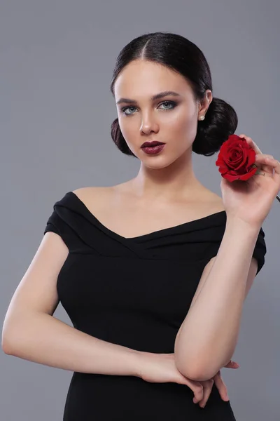 Young Beautiful Woman Black Dress Red Rose — Stock Photo, Image