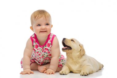 Labrador köpek yavrusu ile kız bebek