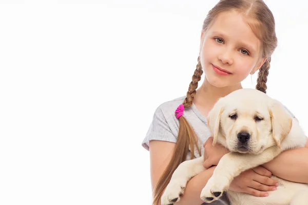 Niedliches Mädchen Mit Einem Labrador Welpen — Stockfoto