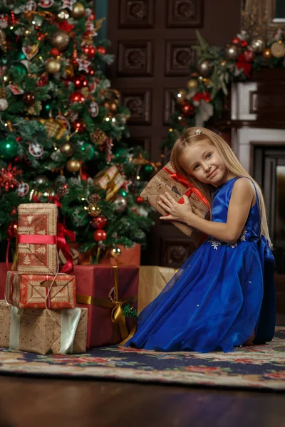 Little Blonde Girl Blue Dress New Year — Stock Photo, Image
