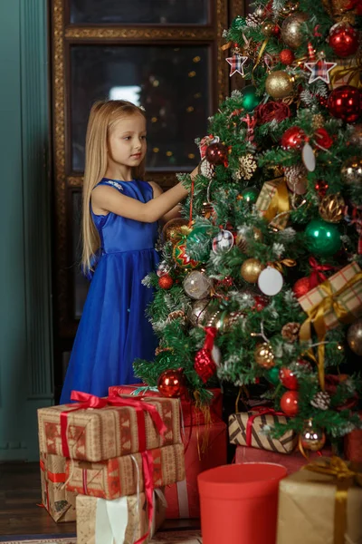 Little Blonde Girl Blue Dress New Year — Stock Photo, Image