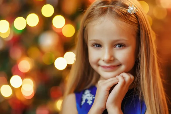 Little Blonde Girl Blue Dress New Year — Stock Photo, Image