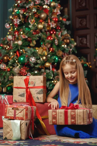 Little Blonde Girl Blue Dress New Year — Stock Photo, Image