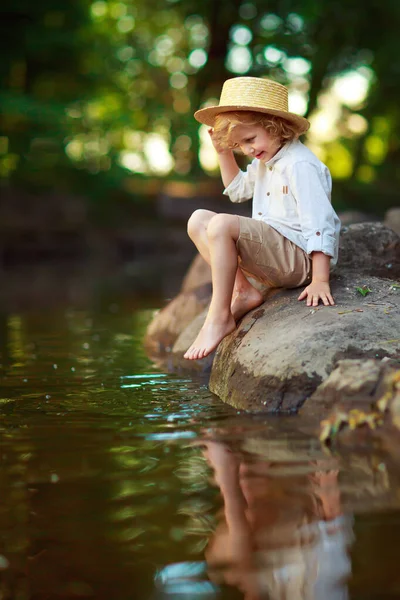 Little Curly Boy Outdoor Summer Day — Stock Photo, Image