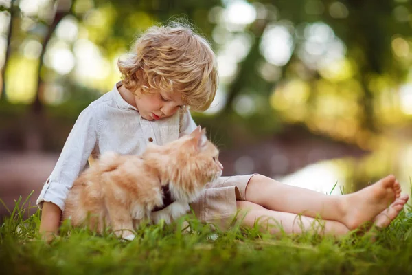 Piccolo Ragazzo Riccio Con Gatto Rosso — Foto Stock