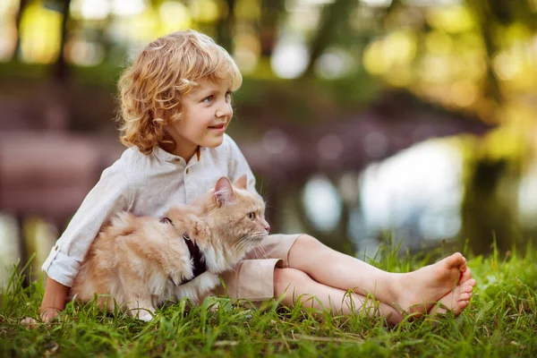 Piccolo Ragazzo Riccio Con Gatto Rosso — Foto Stock