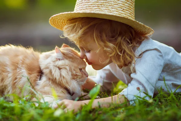 Liten Lockig Pojke Med Rödhårig Katt Utomhus Sommardag — Stockfoto