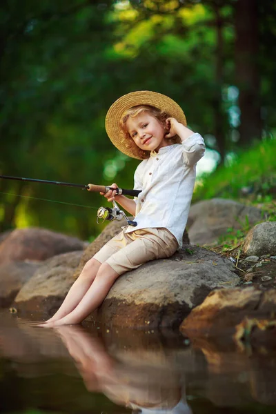 Little Curly Boy Fishing Lake Sunny Summer Day — Stock Photo, Image