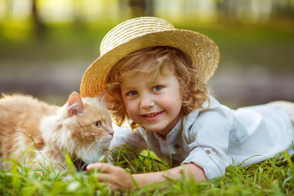 小さな巻き男の子とともに赤毛の猫 屋外の夏の日 — ストック写真