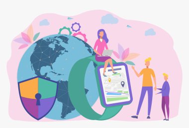 Bilgisayarda çocuk konumu ve GPS izleme. Ebeveyn kontrolü kavramı. Akıllı saat. Renkli vektör illüstrasyonu