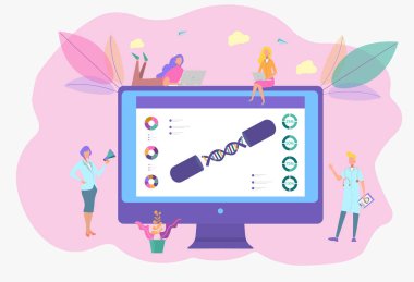 Bilim adamları bir dizüstü bilgisayarda bir büyüteç ile Dna ve grafik çalışma. Biyoteknoloji, biyomühendislik kavramları. Üstbilgi Şablonu