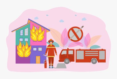 İtfaiyeci ateşi söndürdü. Cankurtaran tehlikeli bir iştir. Yangın koruma, yangın söndürme teknolojileri, itfaiye konsepti.