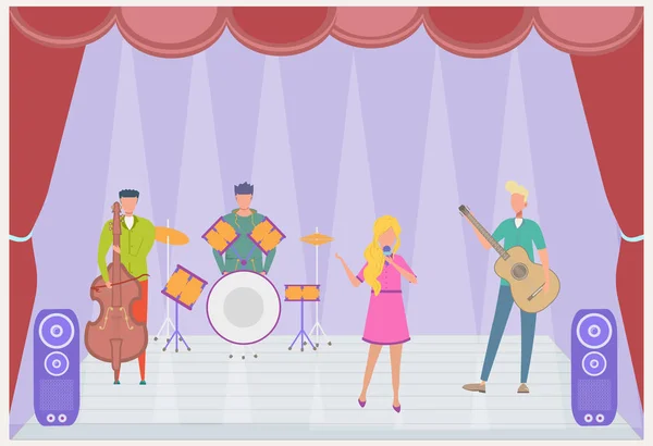 A music band plays music on stage. Double bass, guitar and drums. Colorful vector illustration — Stock Vector