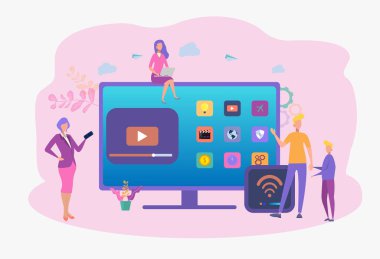 İnsanlar uzaktan kumandalı ve televizyonlu multimedya kutulu videolar izliyor. Televizyon konsolu, akıllı set üstü kutusu. Renkli vektör illüstrasyonu