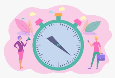 Kronometre, kurye servisleri, zaman yönetimi konsepti, hızlı teslimat. Vaktinde gel. Renkli vektör illüstrasyonu