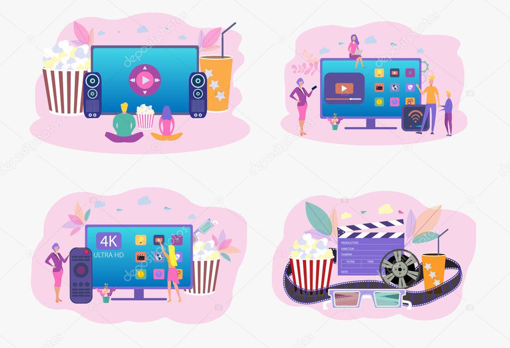 Home cinema. Cinema advertising. Bucket for popcorn, film strip and reel. Cinematic banner. Movie premiere. Colorful vector illustration.