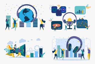 Bir gece kulübünde dans eden, müzik dinleyen gençler, dj konseri. Sessiz disko, parti kulaklıkları, ekolayzır, disko. Renkli vektör illüstrasyon