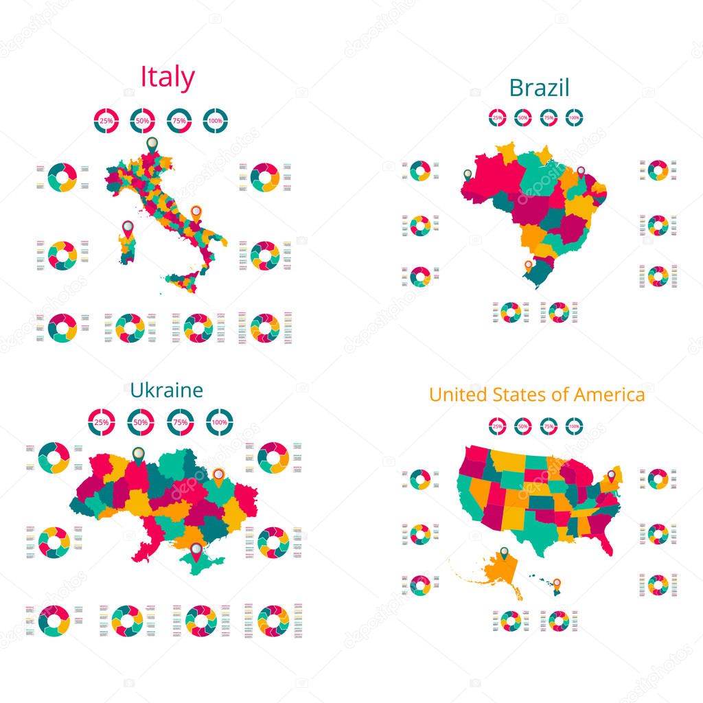 Map of the Italian Republic, Ukraine, United States of America, Brazil. Vector image of a global map in the form of regions regions in Italy. Easy to edit