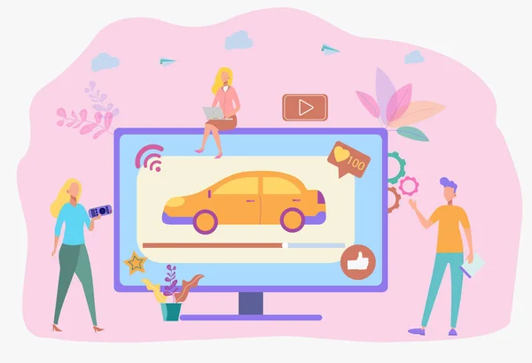 Expert video about quality cars. Customers choose a car by rating video. Auto video review, test drive channel, auto video advertising concept. Colorful vector illustration — 스톡 벡터