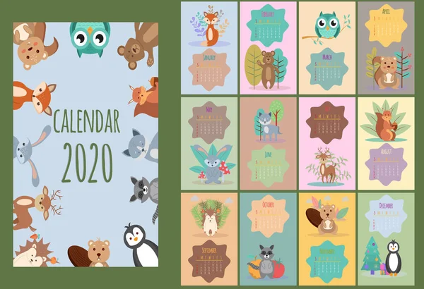 Kalendarz na rok 2020. Las i zwierzęta. Kolorowy wektor ilustracji — Wektor stockowy