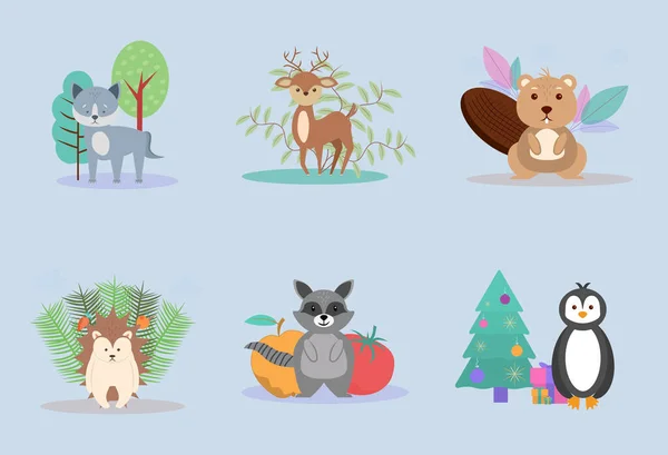 Animals wolf, deer, beaver, raccoon, penguin and hedgehog. Colorful vector illustration — Stok Vektör