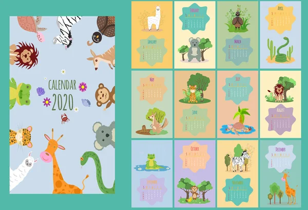 Calendario Para 2020 Bosque Animales — Archivo Imágenes Vectoriales