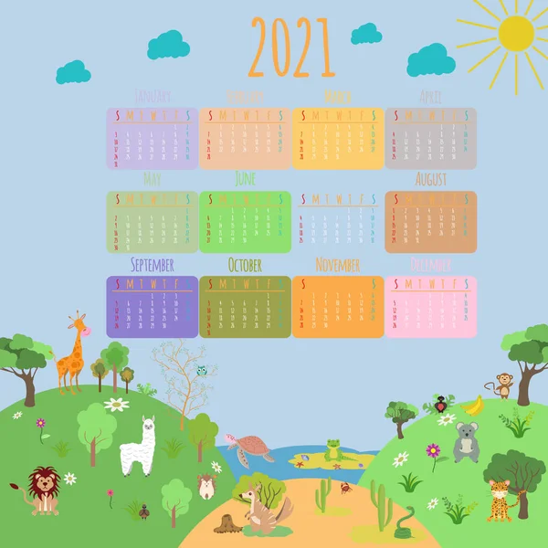 Kalendarz Zwierząt 2021 Piękne Słodkie Zwierzęta Płaskie Postacie Kreskówek — Wektor stockowy